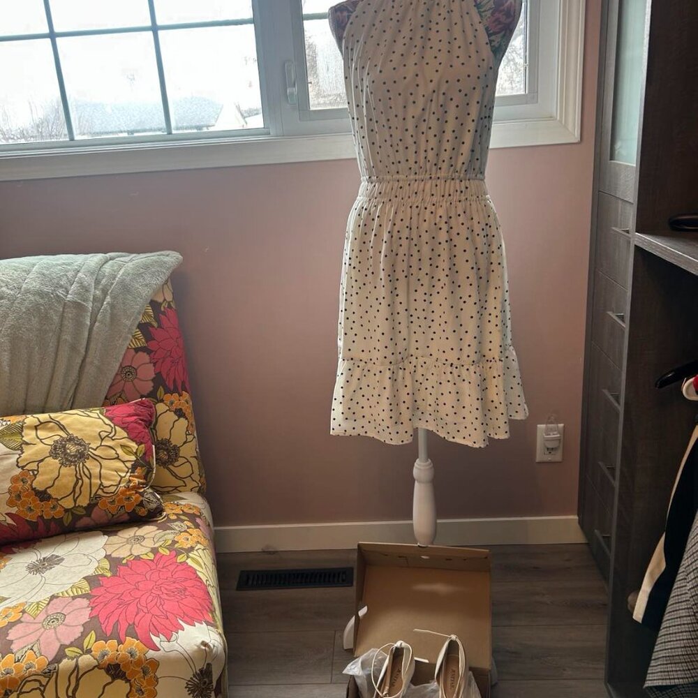 Dex White Polka Dot dress and White elegant shoes and charm - bundle